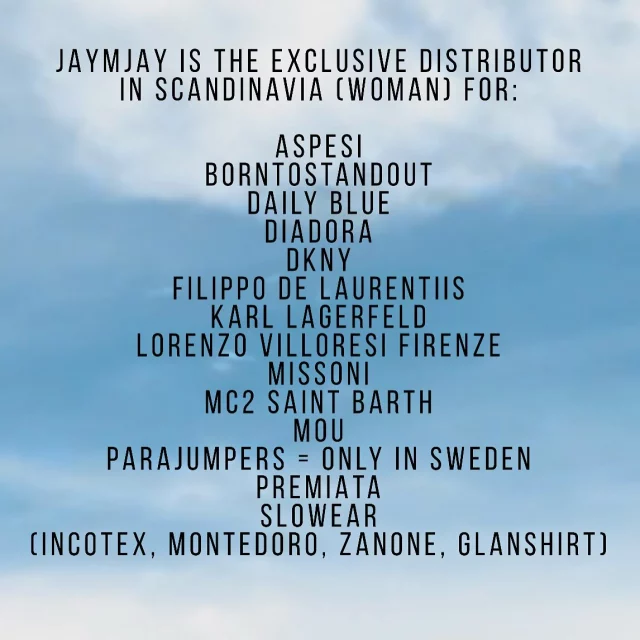 JAYMJAY – forty years of distributing high quality fashion brands throughout Scandinavia ❤️

With an in-house press office, we aim to serve and represent our brands in the best way possible. Through years of experience we have built a large network within the publishing and media sector. By offering our partners PR and Marketing services we can ensure the visibility that we know our brands deserve. 🔥 

Don’t hesitate to send a DM for more information regarding PR @jaymjay_pr 👋🏻

For sales send e-mail to: info@jaymjay.se 
#pr #publicrelations #fashiondistributor #pragency #jaymjay